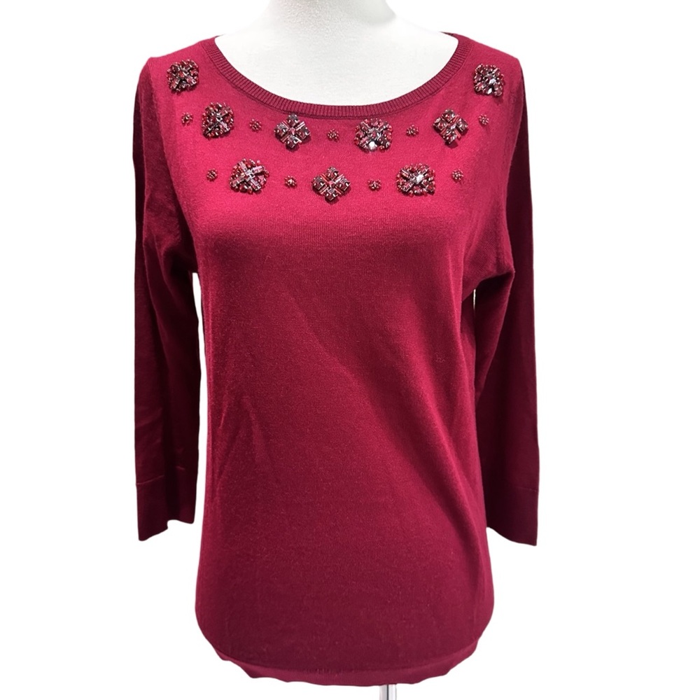 Talbots Burgundy Women's women's merino wool sweater jewel neckline 3/4 sleeve S